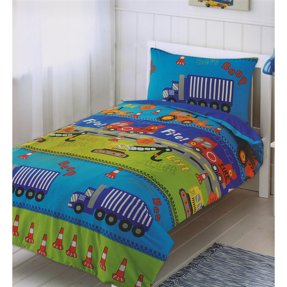 Digger Roadworks Single Bed Duvet Cover and Pillowcase Set