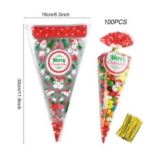 (Christmas-33*16CM) 100pcs Cone Bags Sweet Treat Candy Bag Party Christmas Halloween Cellophane+Ties