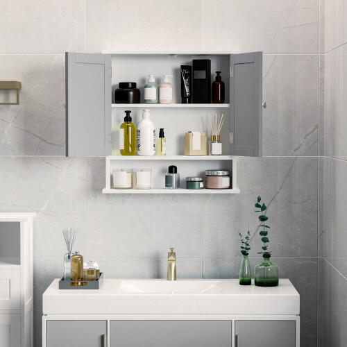 kleankin Wall Mounted Mirror Cabinet W/ Double Mirror Doors & Shelf 2