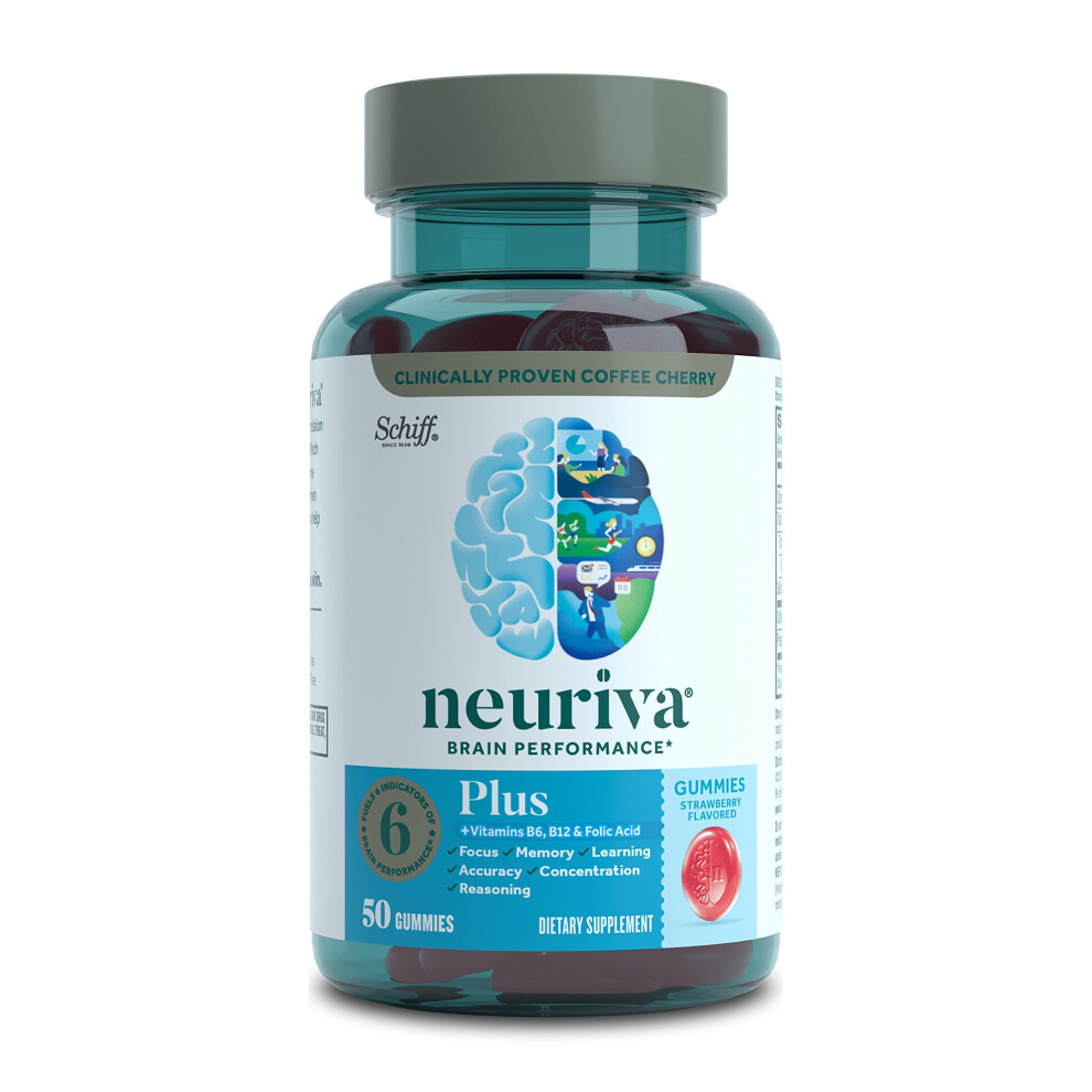 Neuriva Nootropic Brain Support Supplement - Plus Strawberry Gummies (50 Count In A Bottle), Phosphatidylserine, B6, B12, Supports Focus Memory Concen