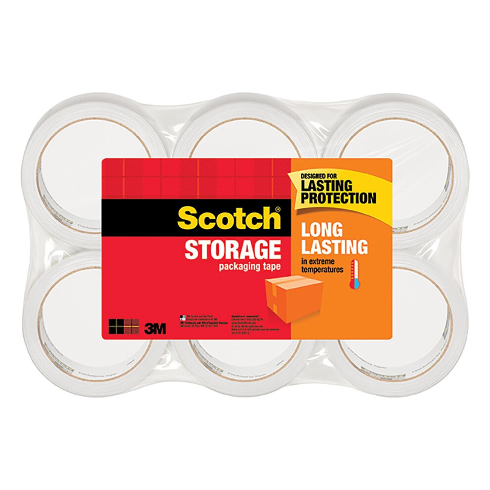 Scotch Long Lasting Storage Packaging Tape, 1.88" x 54.6 yd, Designed for Storage and Packing, Stays Sealed in Weather Extremes, 3" Core, Clear, 6 Rol