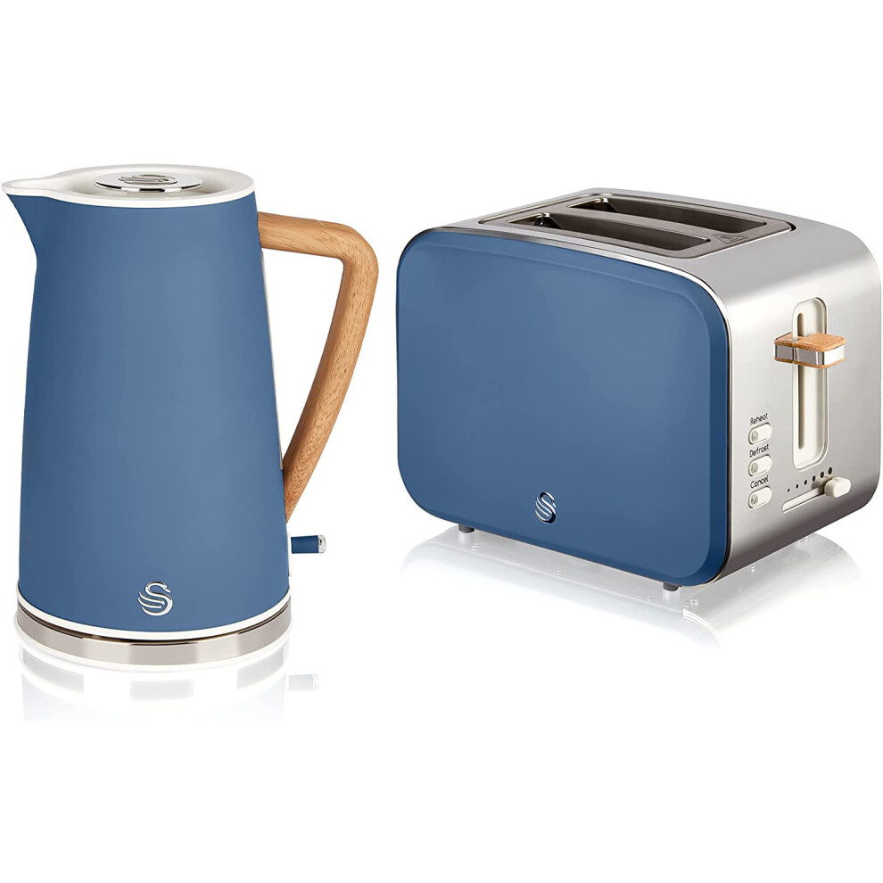 (Blue, Kettle & 2 Slice Toaster) Swan Nordic Cotton White Kitchen Set with 1.7 Litre Kettle and 4 Slice Toaster, Wood Effect and Soft Touch Matte Fini