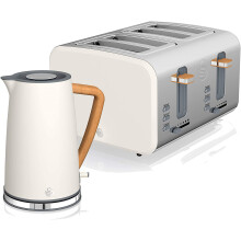 (Cotton White, Kettle & 4 Slice Toaster) Swan Nordic Cotton White Kitchen Set with 1.7 Litre Kettle and 4 Slice Toaster, Wood Effect and Soft Touch Matte Finish, Stainless Steel, STP2091WHTN