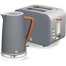 (Slate Grey, Kettle & 2 Slice Toaster) Swan Nordic Cotton White Kitchen Set with 1.7 Litre Kettle and 4 Slice Toaster, Wood Effect and Soft Touch Matte Finish, Stainless Steel, STP2091WHTN