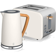 (Cotton White, Kettle & 2 Slice Toaster) Swan Nordic Cotton White Kitchen Set with 1.7 Litre Kettle and 4 Slice Toaster, Wood Effect and Soft Touch Matte Finish, Stainless Steel, STP2091WHTN