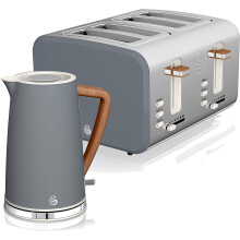 (Slate Grey, Kettle & 4 Slice Toaster) Swan Nordic Cotton White Kitchen Set with 1.7 Litre Kettle and 4 Slice Toaster, Wood Effect and Soft Touch Matte Finish, Stainless Steel, STP2091WHTN