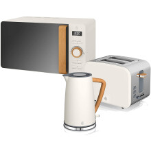 (Cotton White, Kettle, 2 Slice Toaster & Digital Microwave) Swan Nordic Cotton White Kitchen Set with 1.7 Litre Kettle and 4 Slice Toaster, Wood Effect and Soft Touch Matte Finish, Stainless Steel, STP2091WHTN