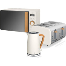 (Cotton White, Kettle, 4 Slice Toaster & Digital Microwave) Swan Nordic Cotton White Kitchen Set with 1.7 Litre Kettle and 4 Slice Toaster, Wood Effect and Soft Touch Matte Finish, Stainless Steel, STP2091WHTN