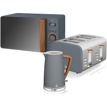 (Slate Grey, Kettle, 4 Slice Toaster & Digital Microwave) Swan Nordic Cotton White Kitchen Set with 1.7 Litre Kettle and 4 Slice Toaster, Wood Effect and Soft Touch Matte Finish, Stainless Steel, STP2091WHTN