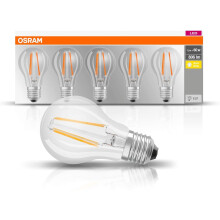 Osram LED Base Classic A Lamp, Socket: E27, Warm White, 2700 Kelvin, 7 W, Replacement For 60 W Incandescent Lamp, Clear, Pack Of 5