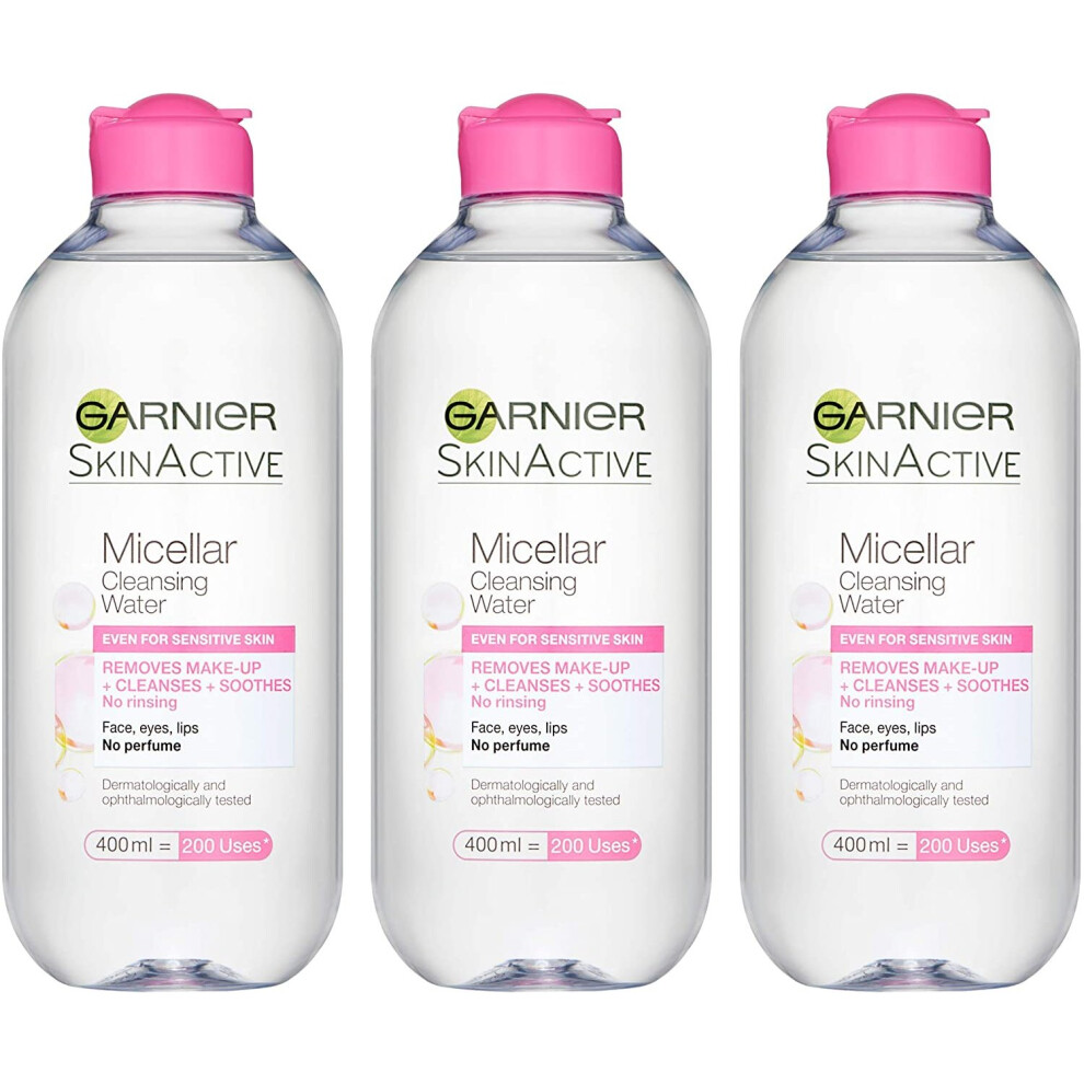 Garnier Micellar Cleansing Water Sensitive Skin, Soothing Face and Eye Make-Up Remover and Cleanser 400 ml Pack of 3