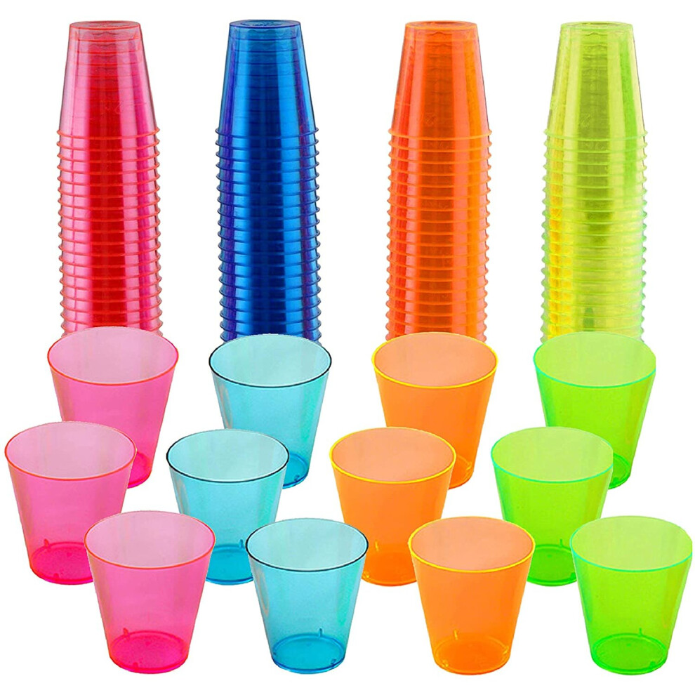 Matana - 150 Mixed Neon Multi-Use Plastic Party Shot Glasses - 30ml