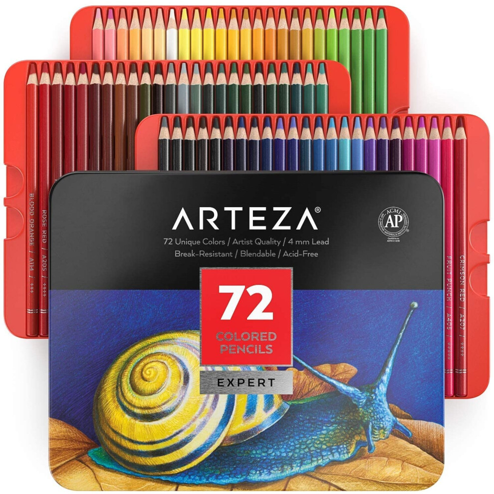 Arteza Colouring Pencils, Professional Set of 72 Colours in a Tin Box, Soft Wax-Based Cores, for Drawing, Sketching & Shading