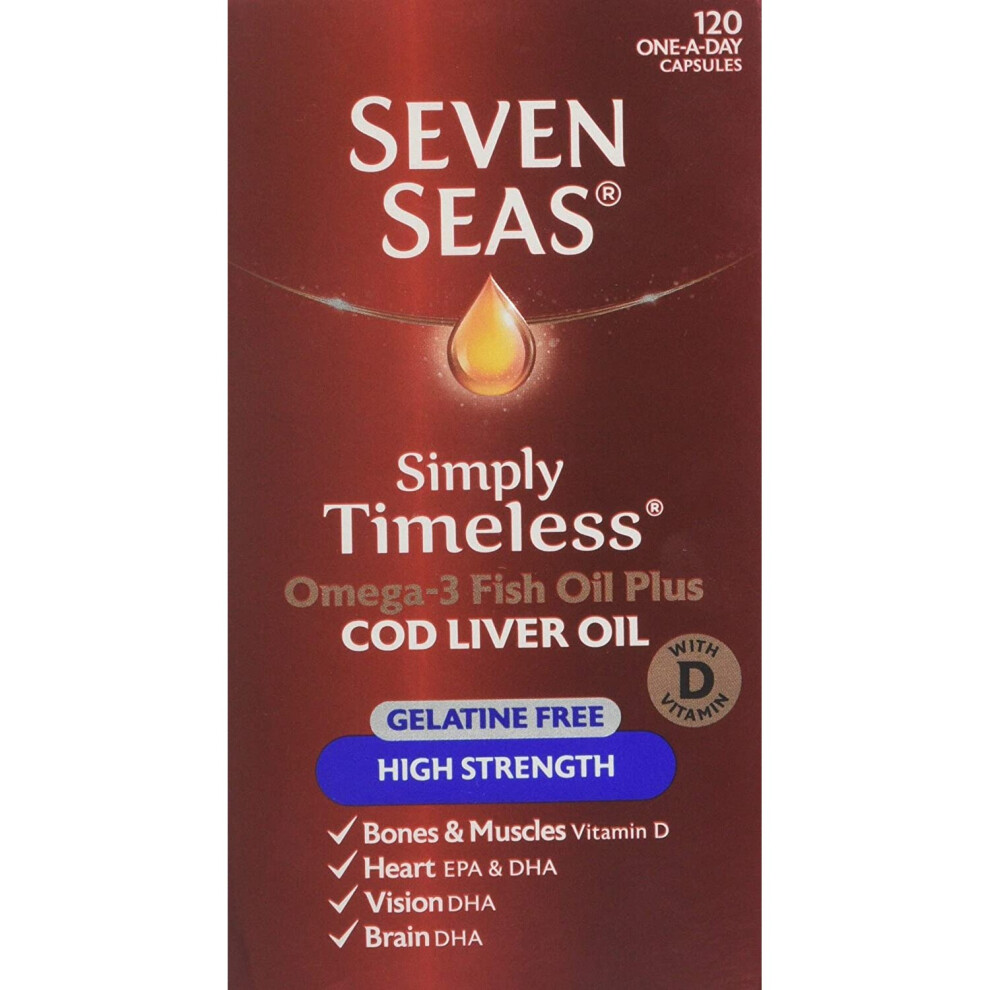 Seven Seas Simply Timeless Omega-3 Fish Oil Plus Cod Liver Oil High Strength, Gelatine Free, with Vitamin D, 120 One a day...