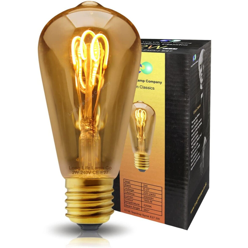 Long Life Lamp Company Vintage LED Filament Bulb, 2 W, Warm White 2200k ST58 E27 Edison Screw