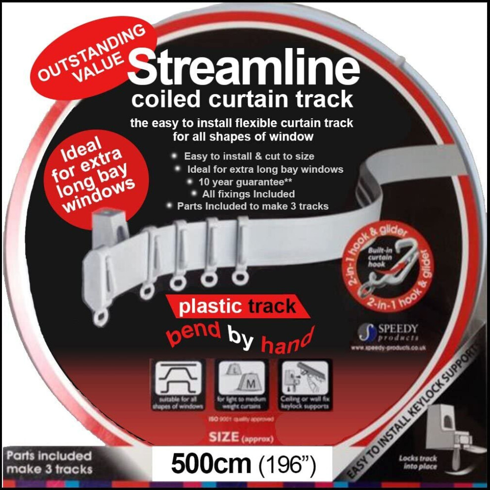 Speedy 5 m Bendable Curtain Track for Straight & Bay Window Rail, Enough for 3 Standard Windows, Top or Face Fix All Fixings