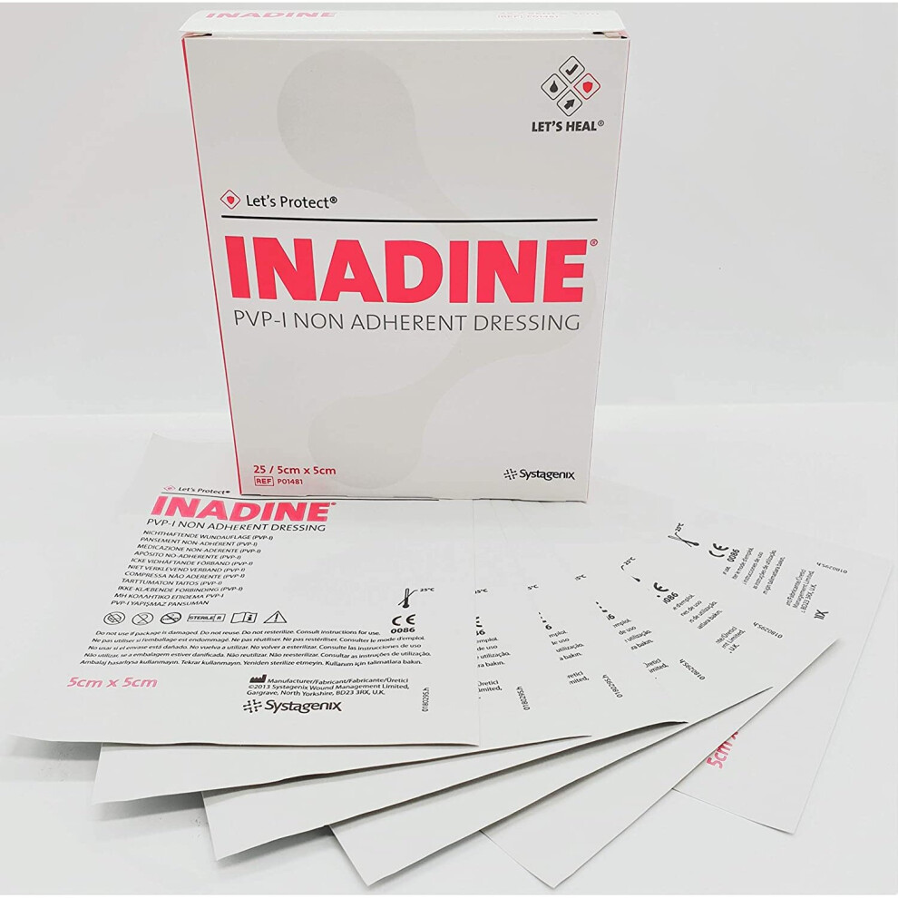 Inadine 5cm X 5cm x10 Non-Adherent Wound Dressings Povidone Iodine AntiMicrobial