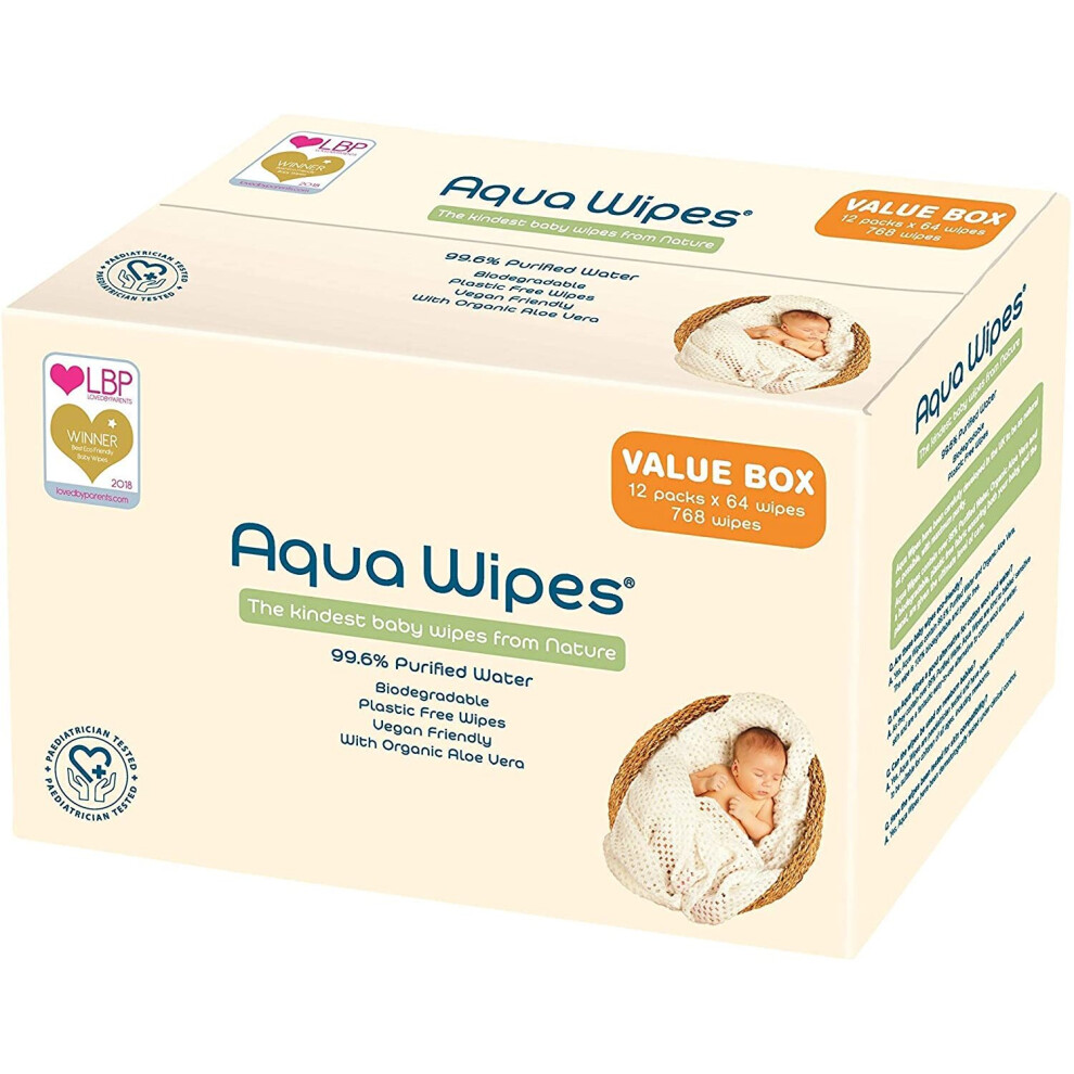 Aqua Wipes Baby Wipes, (Printed Carton Of 12 X 64 Wipe Packs (768 Wipes)), 100% Biodegradable, Plastic Free Wipes, 99.6%... Visit-The-Aqua-Wipes-Store
