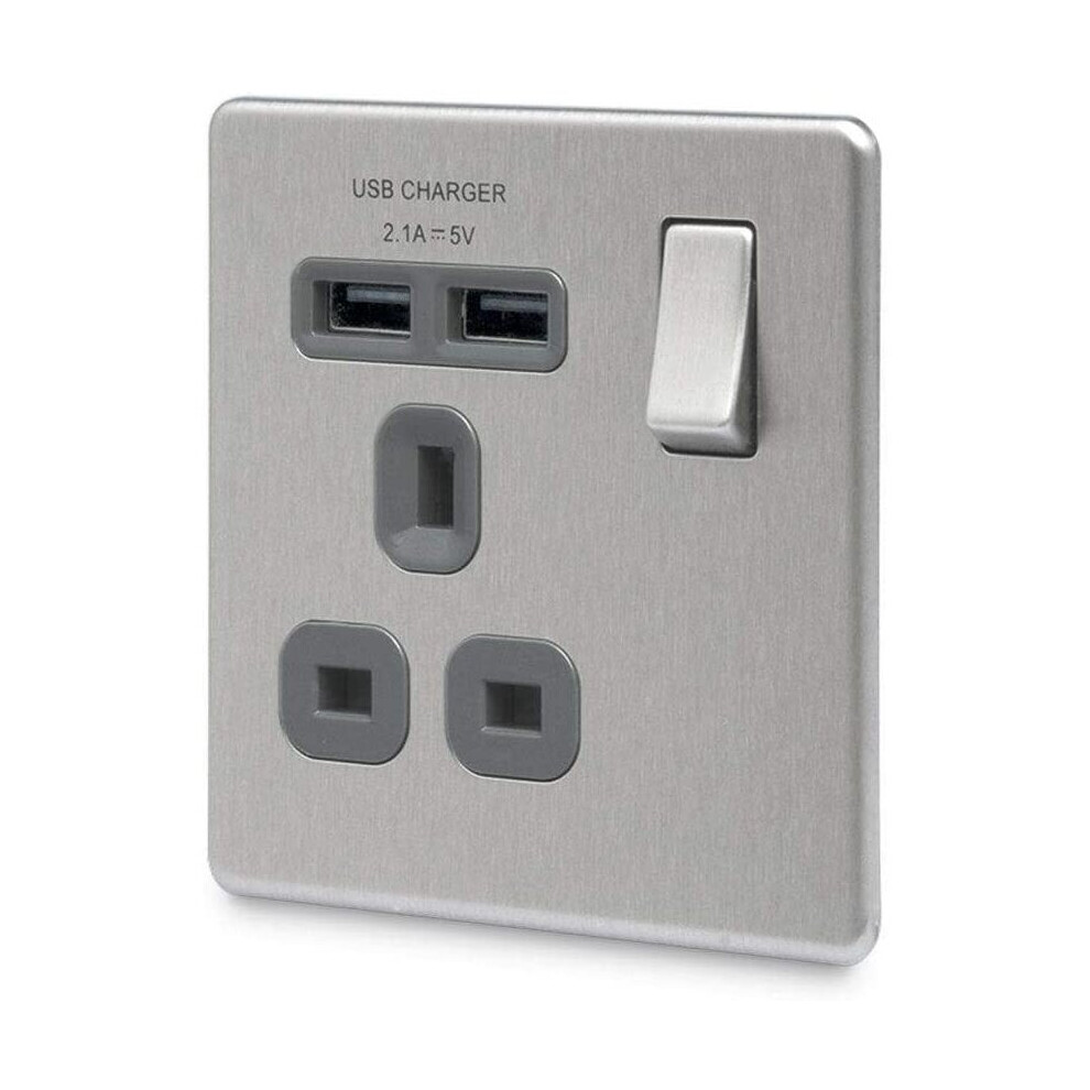 Bg Electrical Fbs21u2g 2.1 A Masterplug Single Socket With 2 X Usb, Brushed Steel Grey Insert 5050765117425