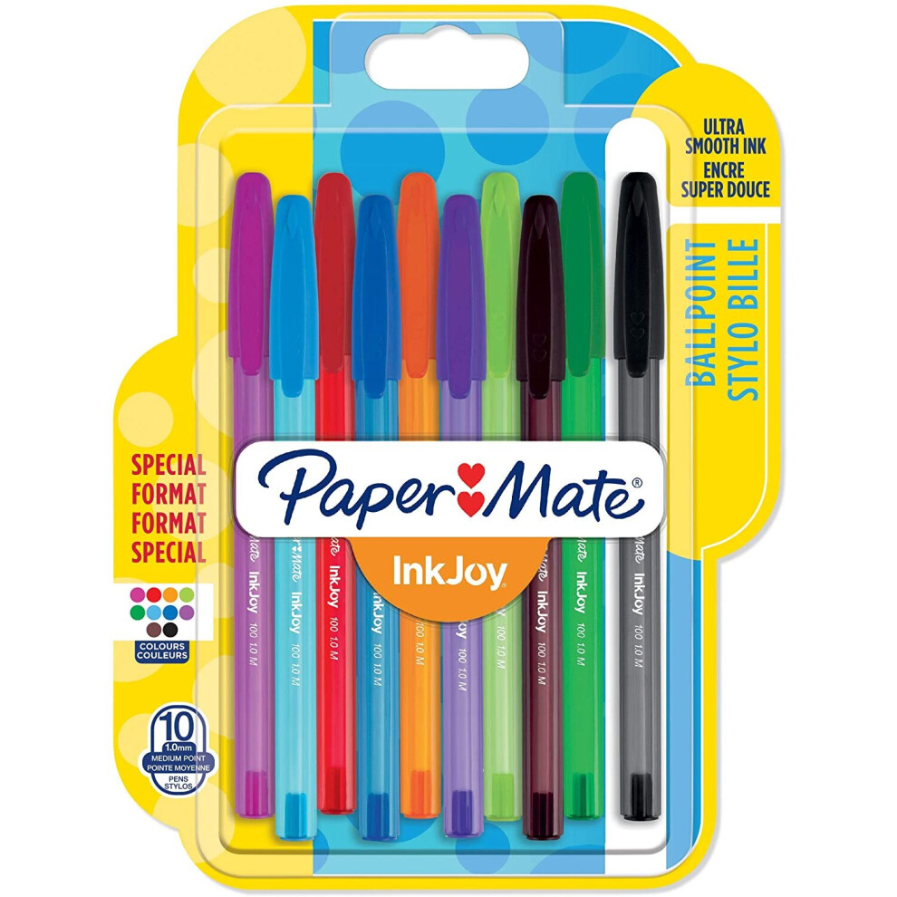 Paper Mate InkJoy 100ST Capped Ballpoint Pens | Medium Point (1.0mm) | Fun Colours | 10 Count