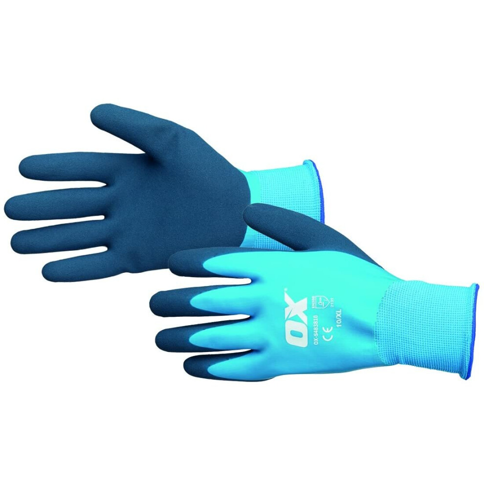 OX OX-S483810 Latex Hand Golves – Waterproof Safety Gloves – Builders Gloves – Gardening Gloves – Blue, 10/X-Large