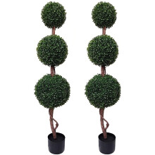 GreenBrokers Triple Ball Artificial Boxwood Topiary Trees 4ft/120cm-Best Quality (Pack of 2), Green, 120cm/4ft