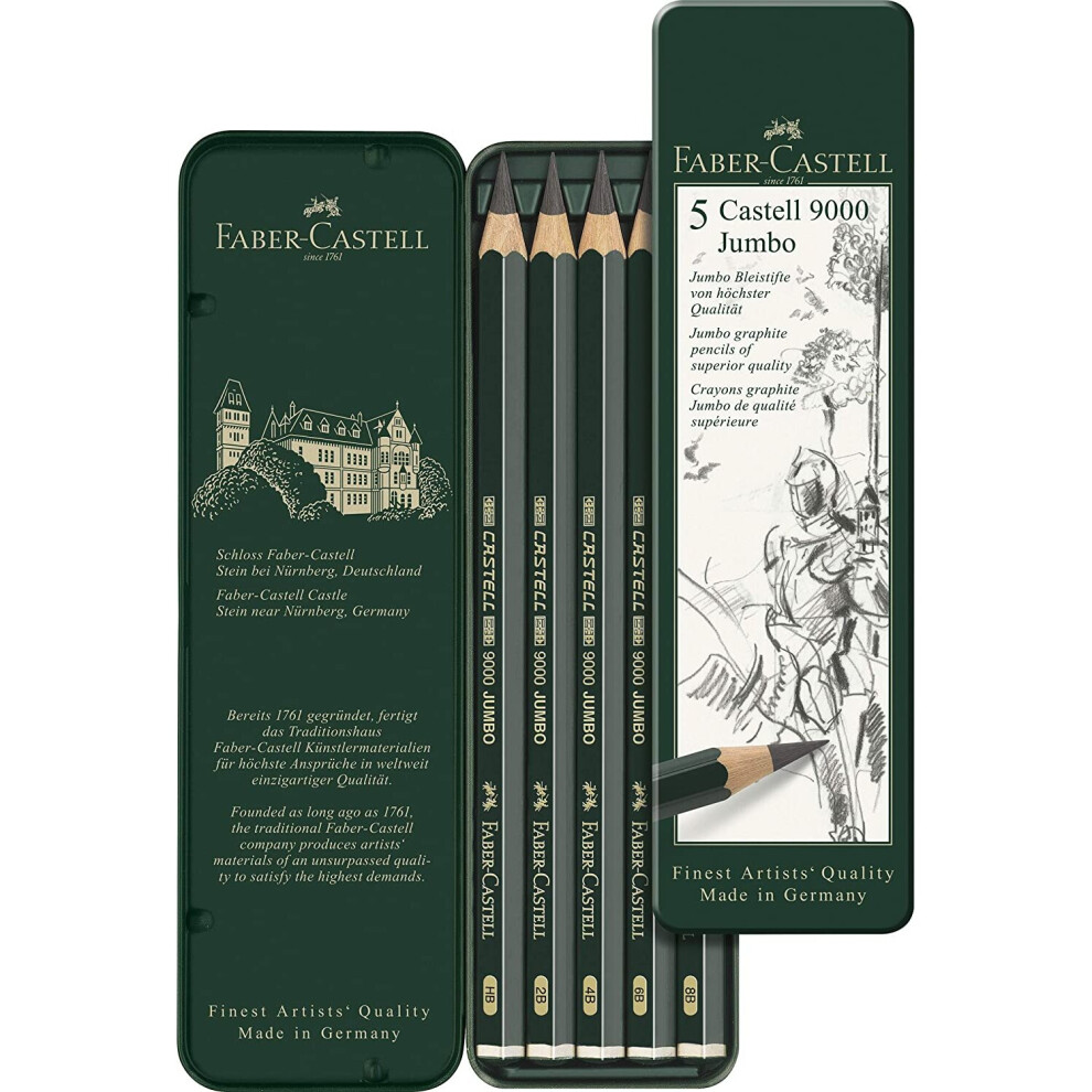 Faber-Castell 5 Piece Quality Castell 9000 Jumbo Graphite Pencils in a Tin, Including HB, 2B, 4B, 6B and 8B