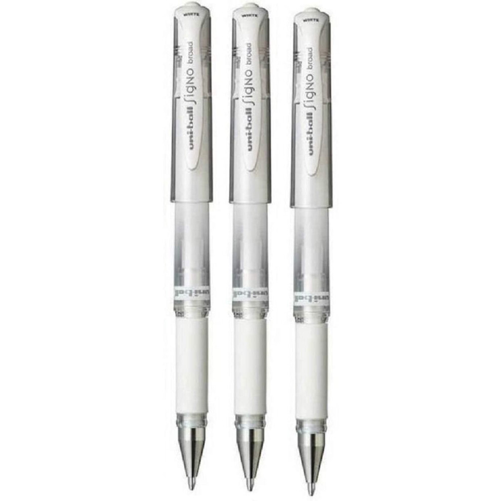 Uni Ball White Signo Pen Broad Metallic Gel Ink Rollerball Metal 1mm Tip Nib 0.65mm Line Width With Rubber Grip UM-153 (Pack Of 3)