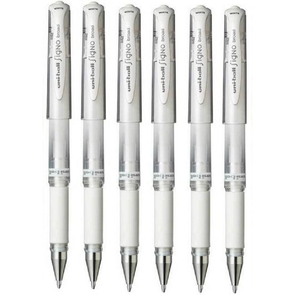 Uni Ball White Signo Pen Broad Metallic Gel Ink Rollerball Metal 1mm Tip Nib 0.65mm Line Width With Rubber Grip UM-153 (Pack Of 6)