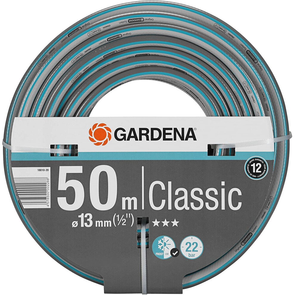 GARDENA Classic Hose, 13 mm (1/2 Inch), 50 m: Universal garden hose of robust cross-weave, 22 bar burst pressure, UV resistant,...