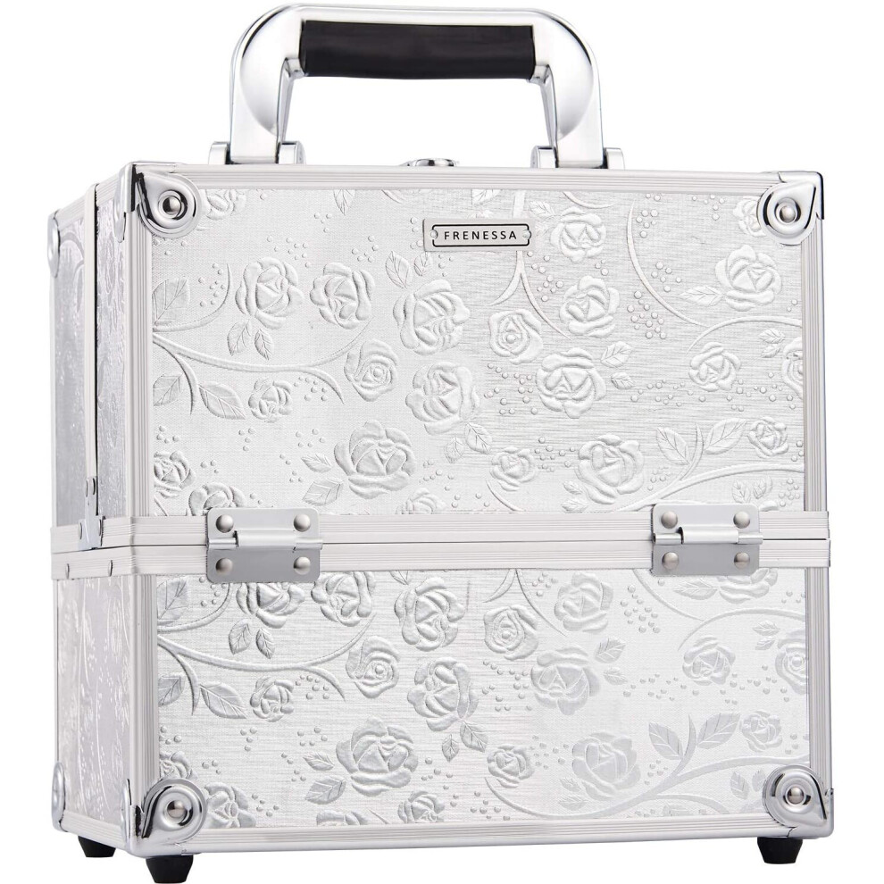 Professional Beauty Vanity Case Cosmetic Makeup Box Nail Polish Storage Beauty Train Case Lockable with Keys(Silver Rose)