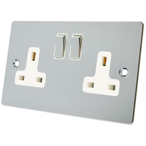 A5 SOC2GCFWC 2 Gang-Polished Chrome Flat-White Insert Metal Switch-13A Double Wall Plug Socket