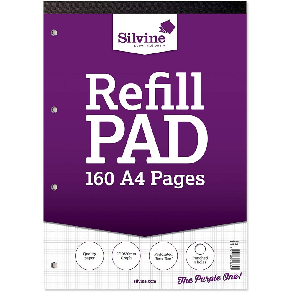 Silvine 160 Page A4 Refill Pad, Head Bound and Punched 4 Holes. Ruled 2-10-20mm Graph. Ref A4RPG