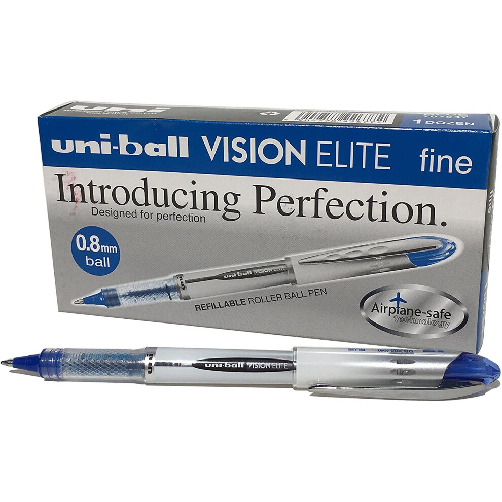 Uni-Ball 1 mm UB-200 Vision Elite Liquid Ink Rollerball Pen with Medium 0.6 mm Line Width and Blue Ink (Pack of 12)