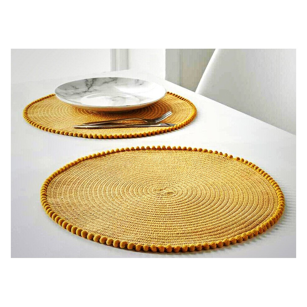 Ochre Round Pom Pom Placemats Set Of 4 Table Mats Dining Tableware Essential 38c