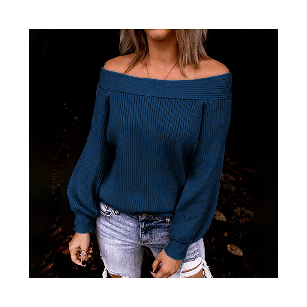 (Blue, M) Off Top  Shoulder Women Soft Jumper Knitted Long Sleeve Pullover Winter Sweater