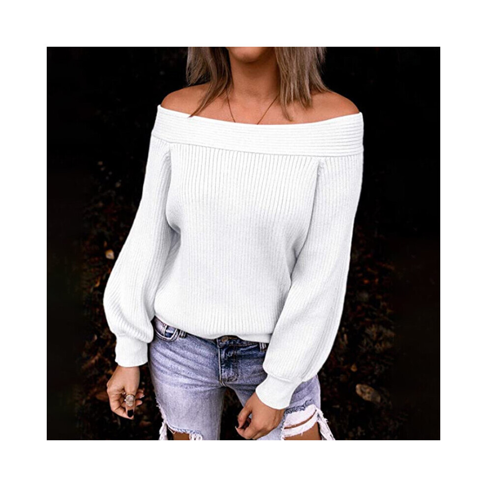 (White, S) Off Top  Shoulder Women Soft Jumper Knitted Long Sleeve Pullover Winter Sweater