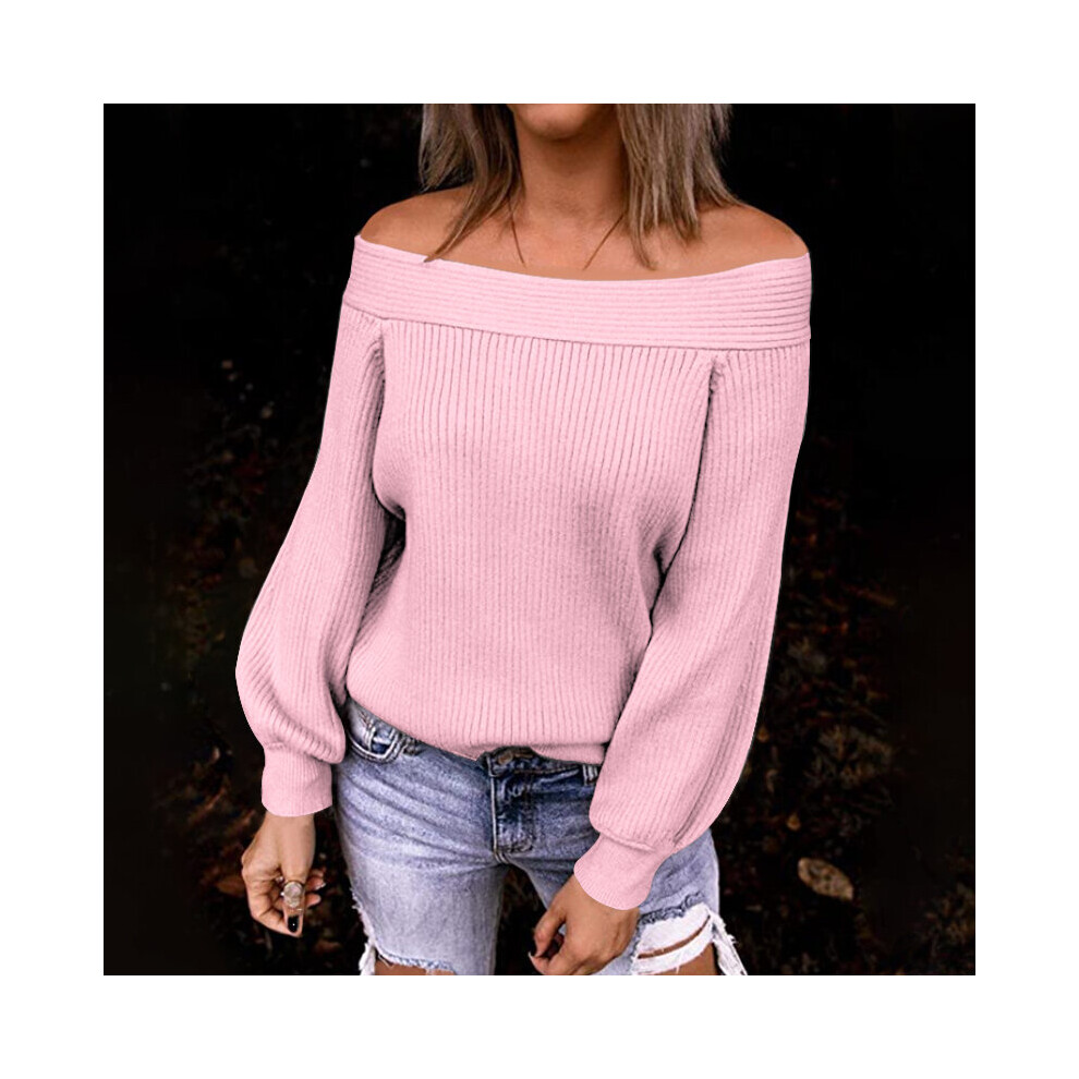 (Pink, L) Off Top  Shoulder Women Soft Jumper Knitted Long Sleeve Pullover Winter Sweater