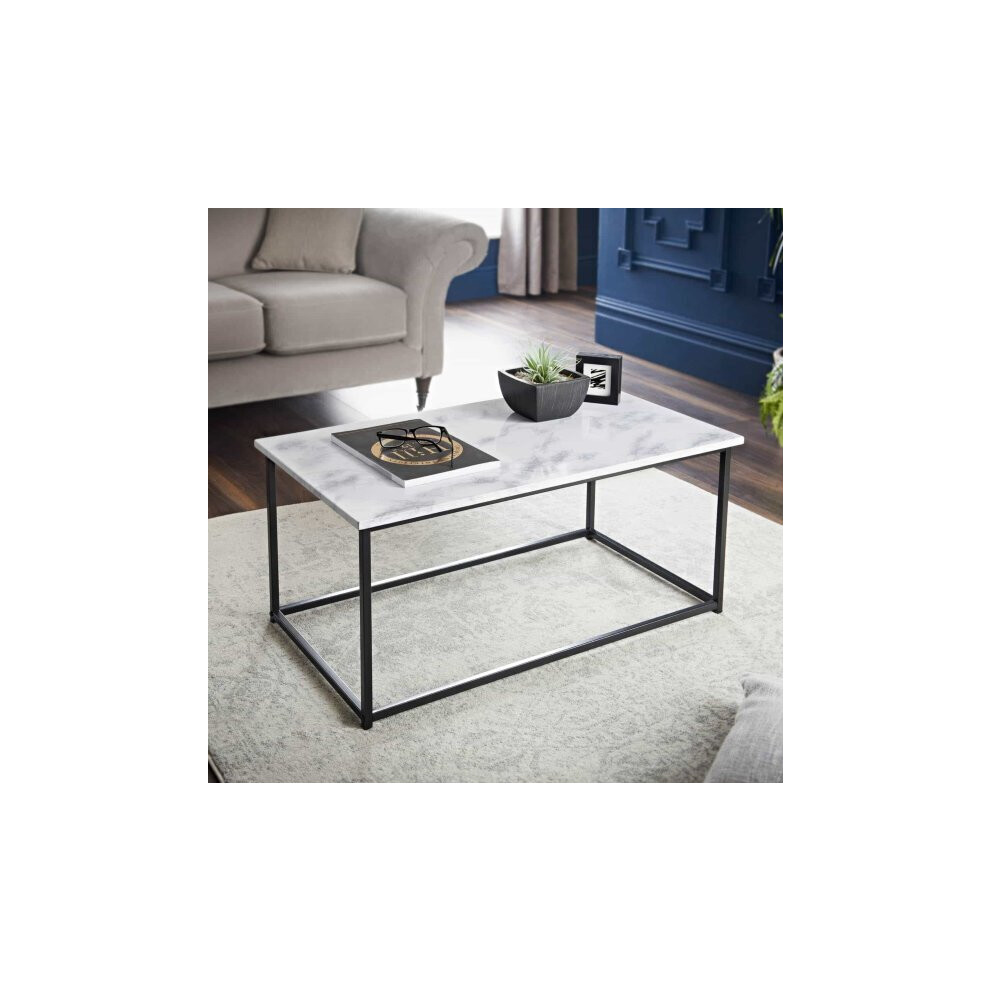 Zurich Marble Finish Top Coffee Table & Black Metal Legs Home Decors.