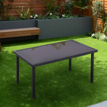 (Black) Rectangle Tempered Glass Rattan Outdoor Garden Dining Table