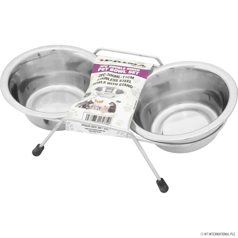 3PC DOUBLE PET BOWL SET STAINLESS STEEL RAISED STAND CATS DOG PUPPY