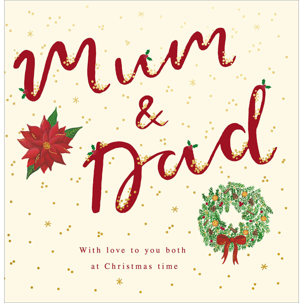 Mum & Dad Christmas Wreath & Poinsettia Foiled Christmas Card Xmas Greeting Card