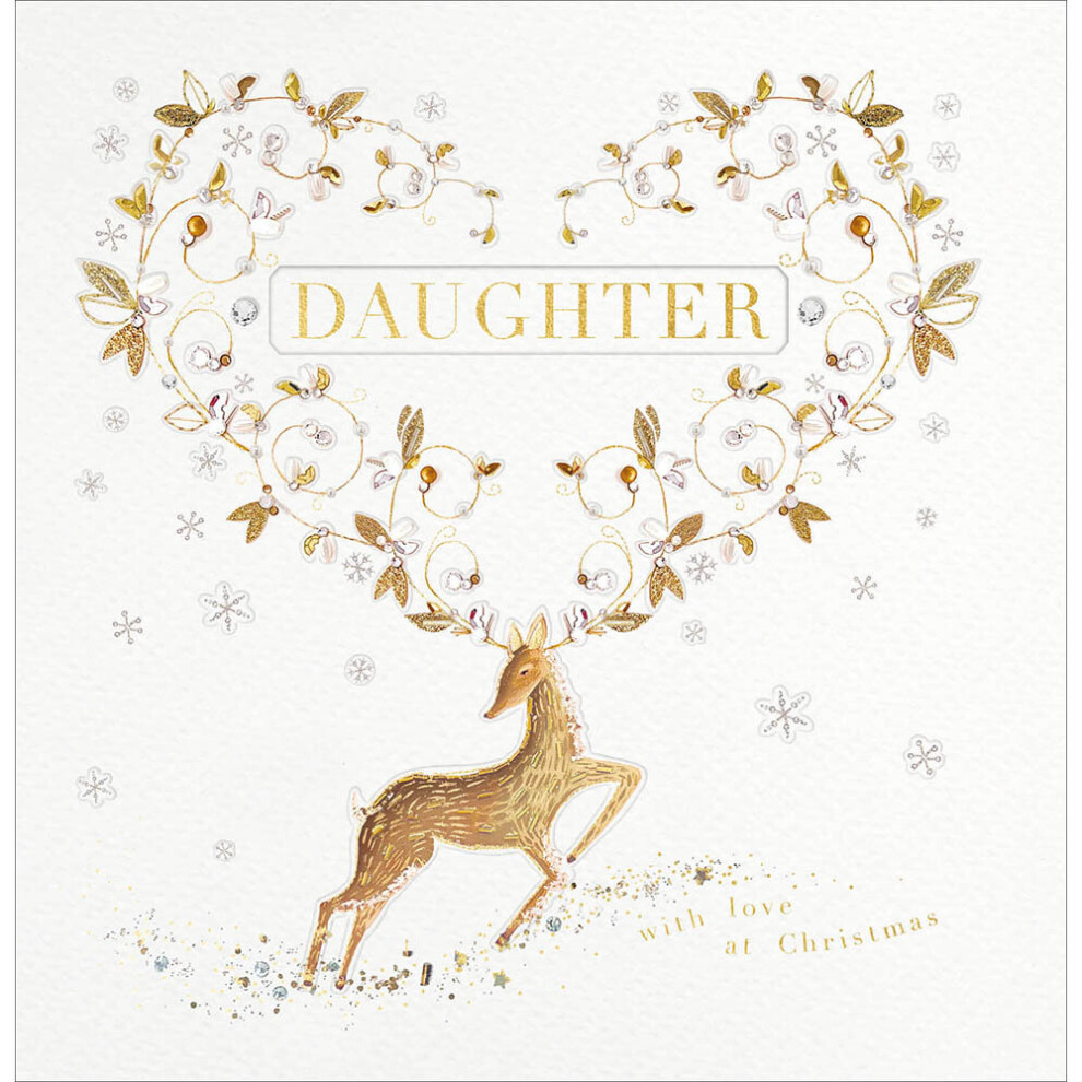 Daughter Deer & Foliage Embellished & Embossed Christmas Card Xmas Greeting Card