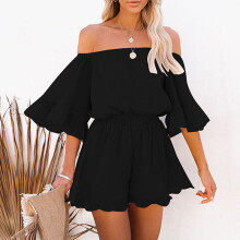 (Black, S) Women Chiffon Off Shoulder Mini Jumpsuit Solid Color Loose Short Romper Playsuit