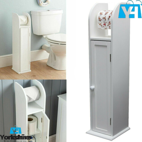 White Wooden Free Floor Standing Toilet Roll Holder & Bathroom Storage ...