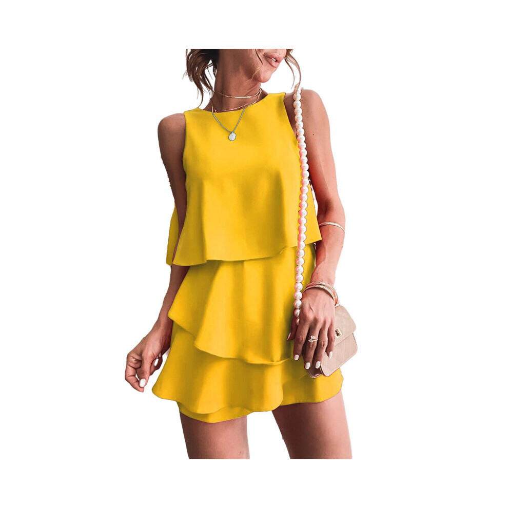 (Yellow, L) Women's Solid Irregual Layered Casual Sleeveless Jumpsuit Short Playsuit Romper-image-OPC-P8B9CH8-NEW