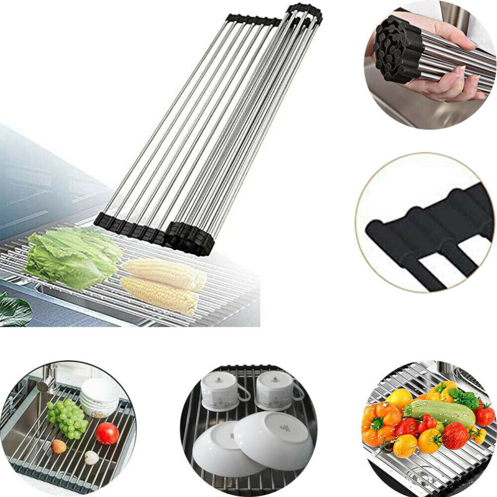 Stainless Steel Dish Drainer Over Sink Roll-Up Dish Drying Rack Draining Mat