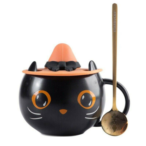 2021 Starbucks Black Cat Cup With Witch Cap Lid&Spoon Coffee Mug Halloween Gifts