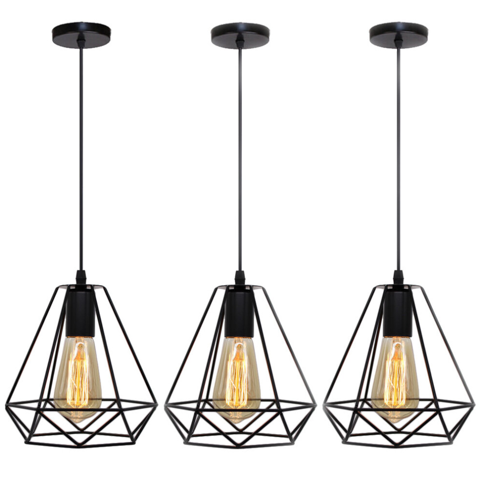 (3pcs) Vintage Industrial Chandelier Retro Diamond Pendant Lamp Metal Cage Hanging Light for Living Room Dining Room Bar Hotel Restaurant E27 Black-image-OPC-P8BCCHZ-NEW