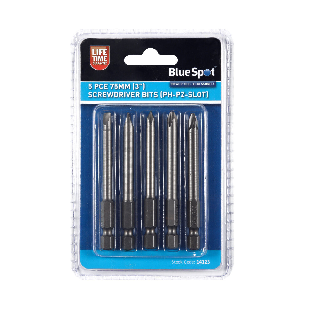 BlueSpot 14123 5 Piece 75mm (3") Screwdriver Bits (PH-PZ Slot)